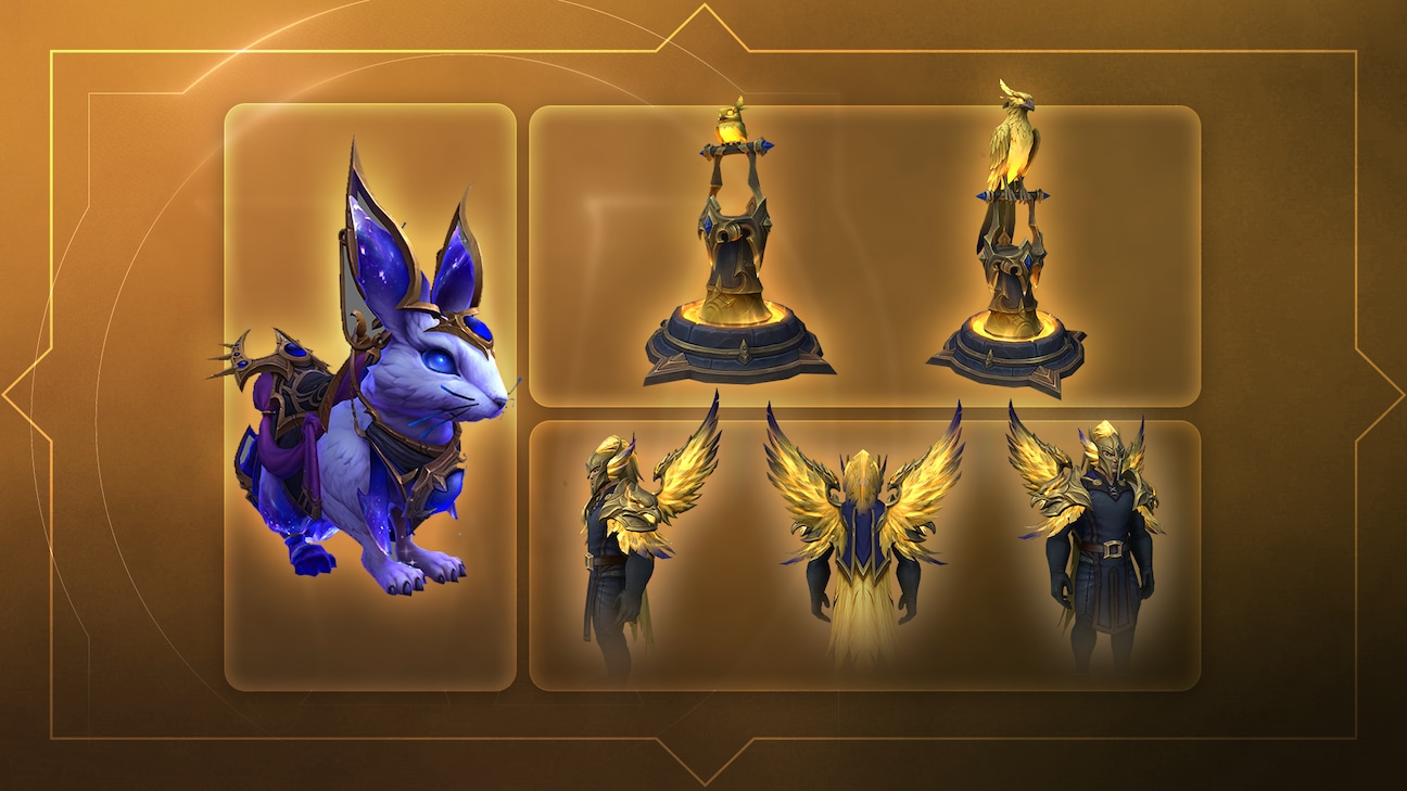 A Blizzard promotional image of the goodies available in the World of Warcraft BlizzCon Bundle against an amber background. On the left is Rabbit
